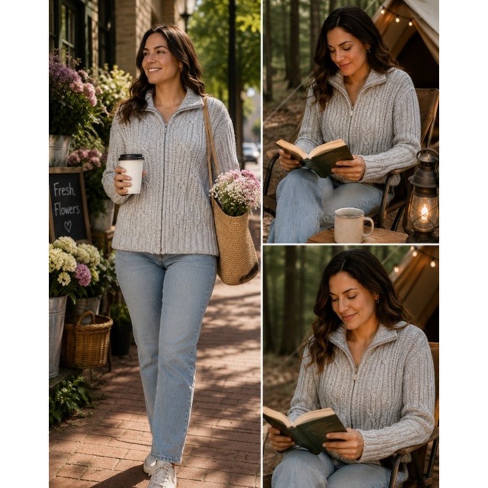 St Johns Bay Petite Gray Cable Knit Full Zip Cardigan Sweater Mock Neck PM